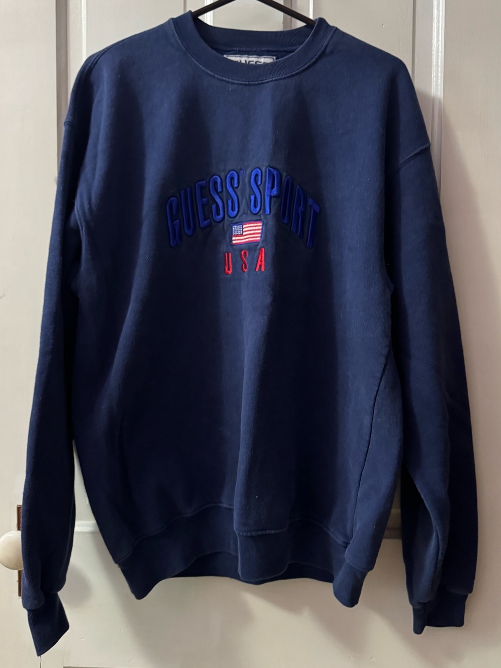 Guess Navy Crewneck Sweatshirt with Red & Blue Embroidery